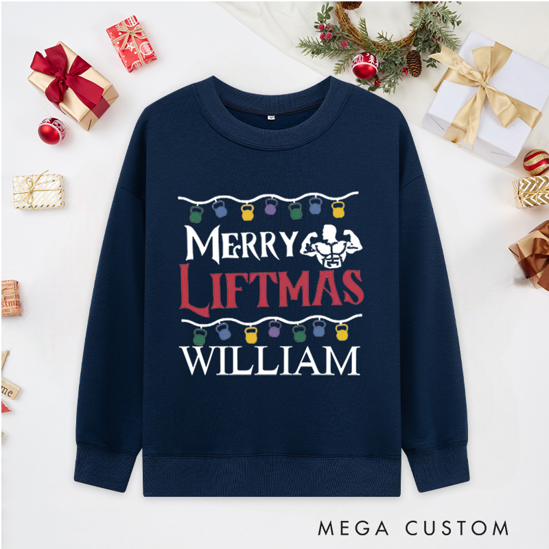 Personalized Christmas Classic Sweatshirts with Merry Liftmas Kettlebell Lights and Muscle for Fitness Enthusiasts Bodybuilders and Gym Lovers