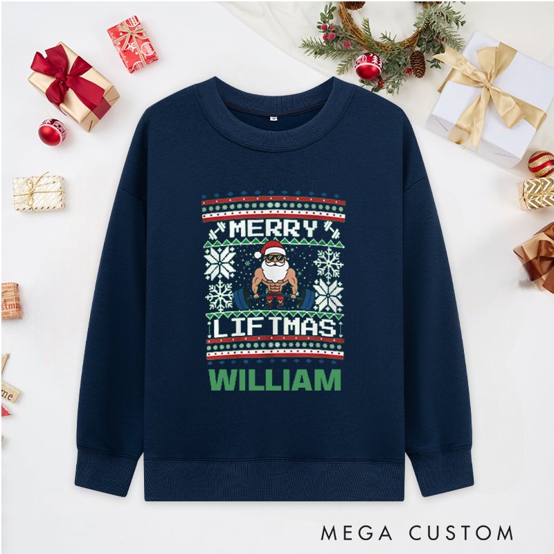 Personalized Christmas Classic Ugly Sweatshirts with Santa Lifting Weights for Fitness Enthusiasts Bodybuilders and Gym Lovers