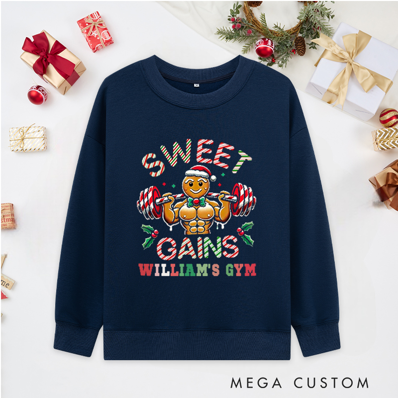 Personalized Christmas Classic Ugly Sweatshirts with Sweet Gains Gingerbread Man for Fitness Enthusiasts Bodybuilders and Gym Lovers