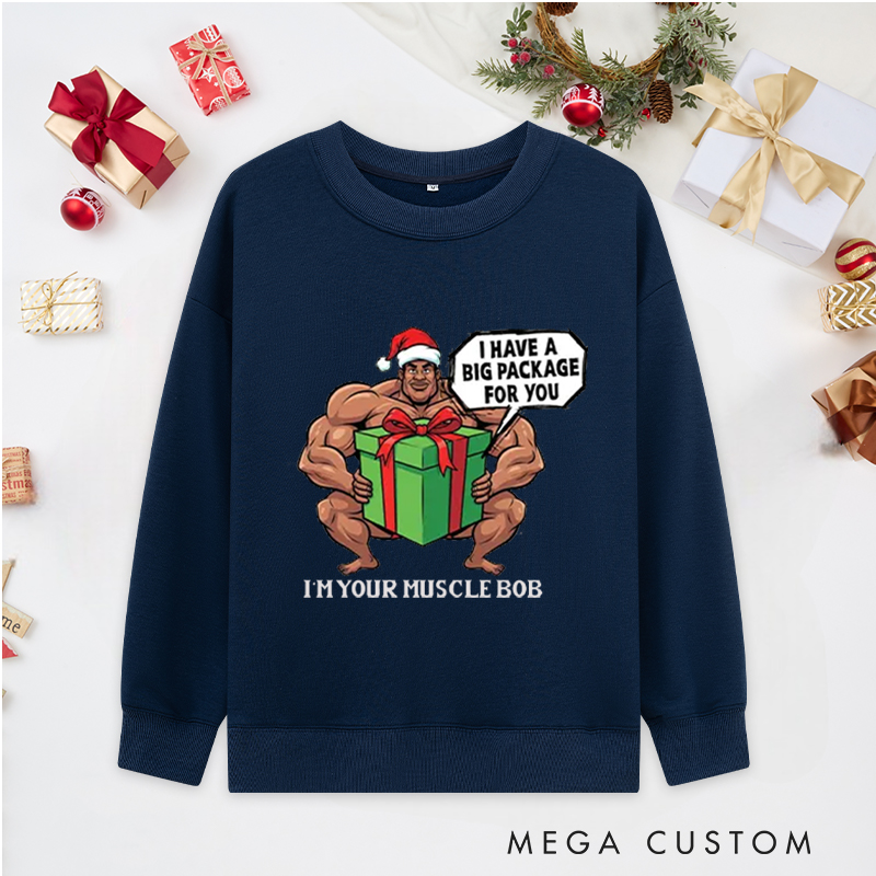 Personalized Christmas Classic Ugly Sweatshirts with Big Package Santa Bodybuilder for Fitness Enthusiasts Bodybuilders and Gym Lovers