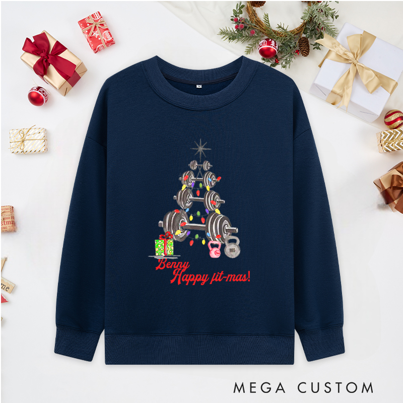 Personalized Christmas Classic Ugly Sweatshirts with Happy Fit Mas Barbell and Kettlebell Christmas Tree for Fitness Enthusiasts Bodybuilders and Gym Lovers