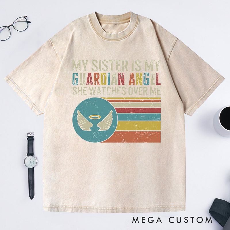 Personalized Sister Memorial Washed T-Shirt Retro Stripes Guardian Angel Watches Over Sympathy Gift Loss of Sister