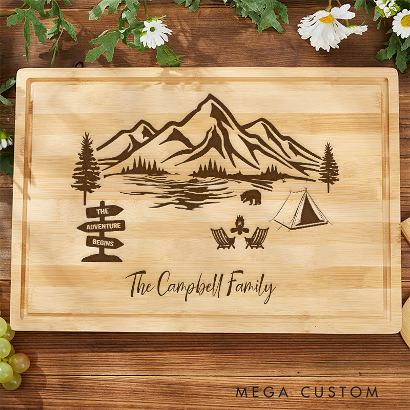 Personalized Camping Cutting Board Engrave the Adventure Begins Cutting Board Gift for Hiking Camping Life Campfire Lovers