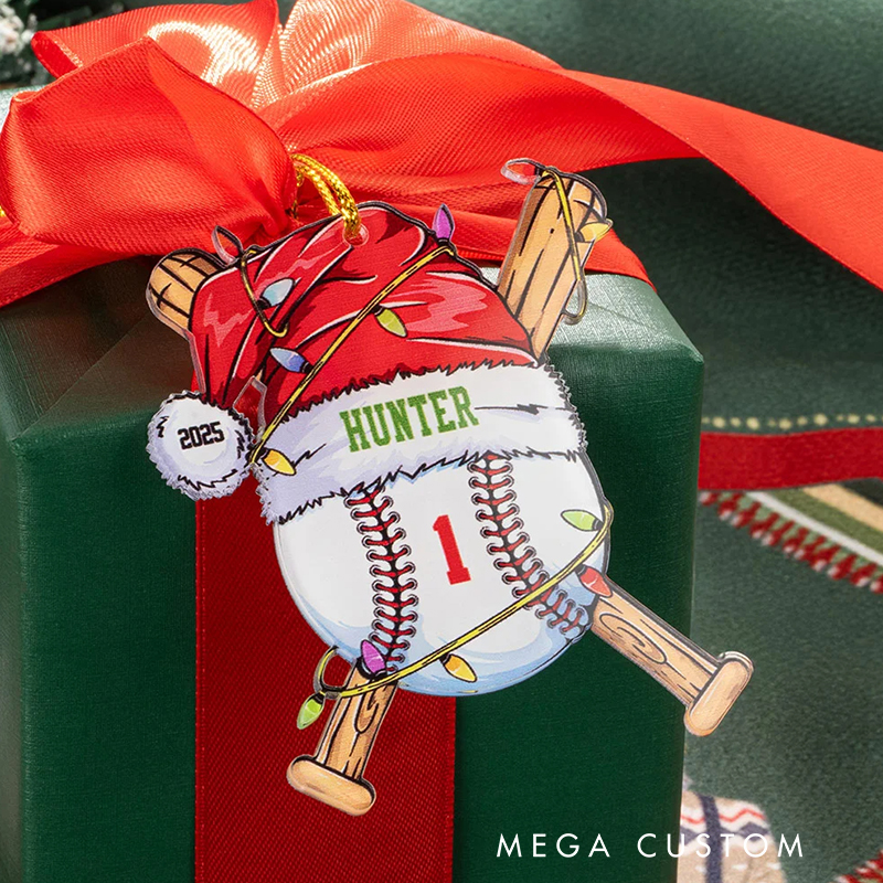 Personalized Acrylic Santa Hat Baseball Christmas Ornament with Name Number and Year 
