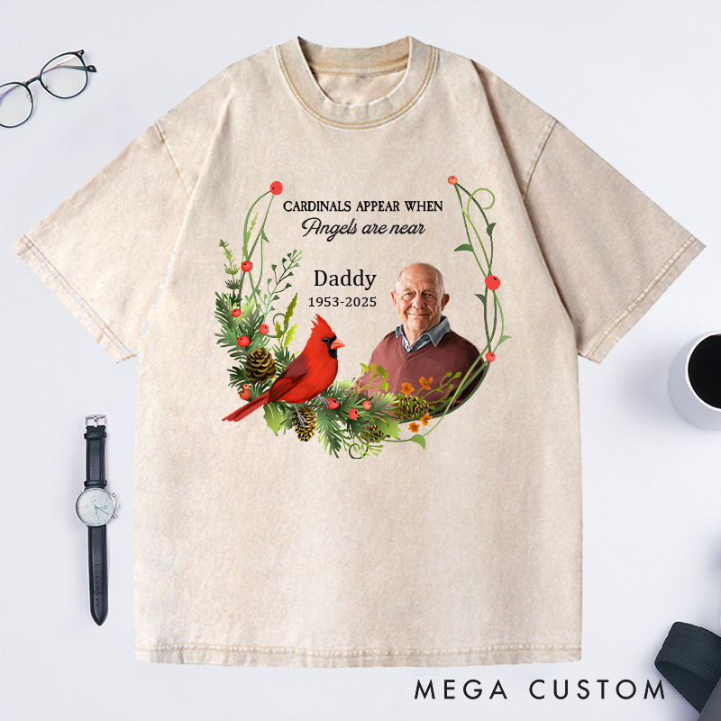 Personalized In Memory Memorial  Washed T-Shirt Custom Photo Name Year Cardinal Keepsake Gift