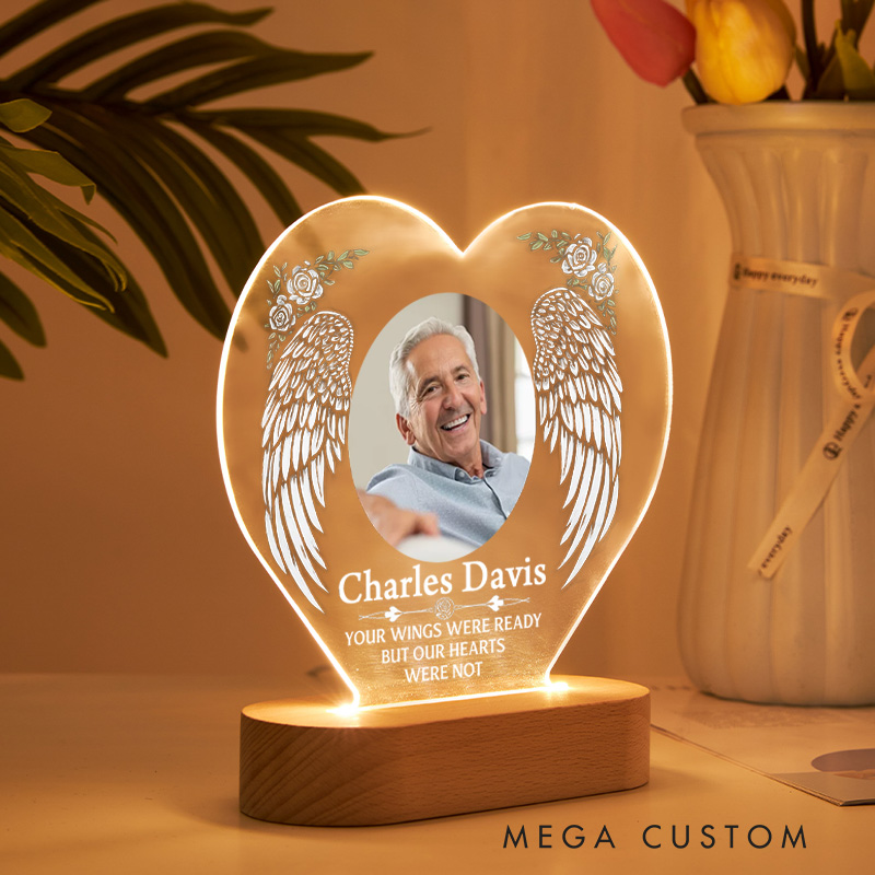 Personalized Heart Shaped LED Memorial Light Angel Wings Rose Custom Photo Name Sympathy Keepsake