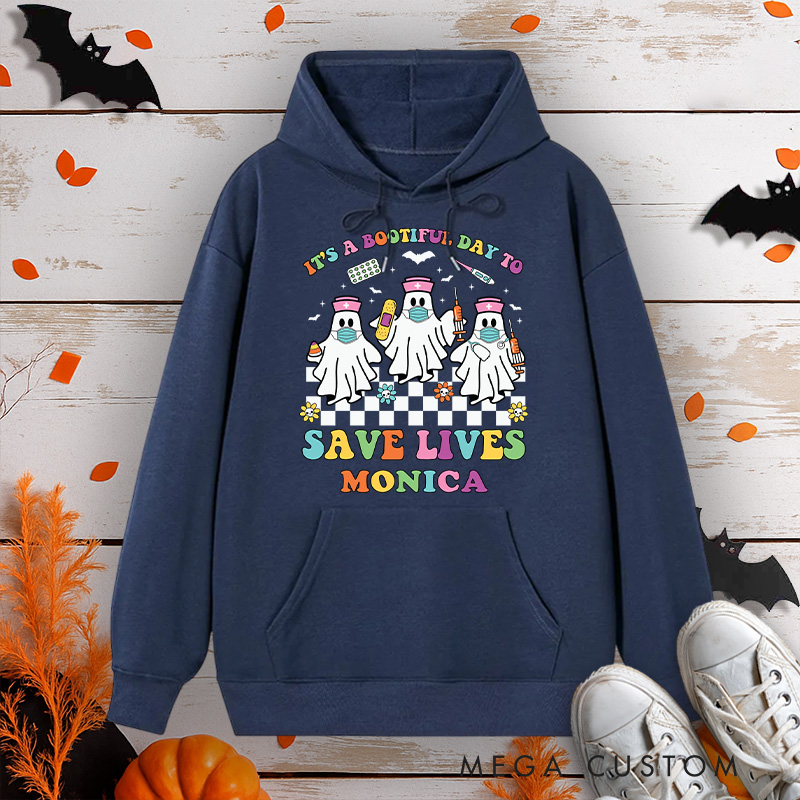 Personalized Hoodies for Nurse Customized It's a Boo-tiful Day to Save Lives Design Hoodies Halloween Nurse Hoodie