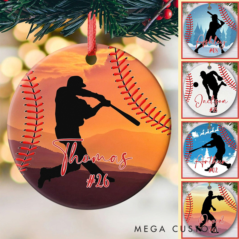 Personalized Baseball Ornament with Player Silhouette and Custom Name  