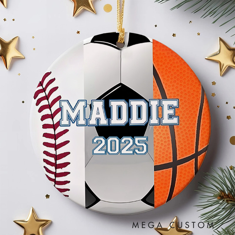 Personalized Baseball,Soccer and Basketball Design Ceramic Christmas Ornament with Custom Name and Year  
