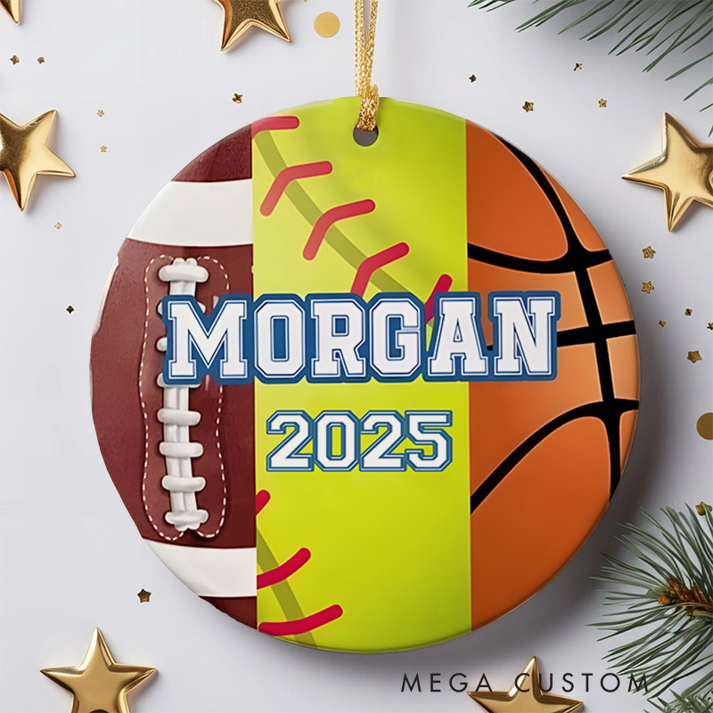 Personalized American Football,Softball and Basketball Design Ceramic Christmas Ornament with Custom Name and Year  