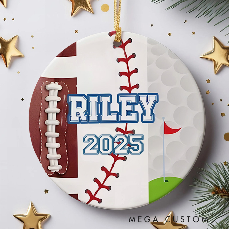 Personalized American Football,Baseball and Golf Design Ceramic Christmas Ornament with Custom Name and Year  