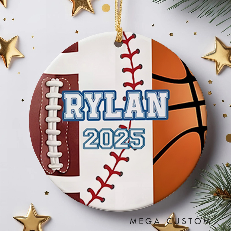 Personalized American,Basketball and Baseball Design Ceramic Christmas Ornament with Custom Name and Year  