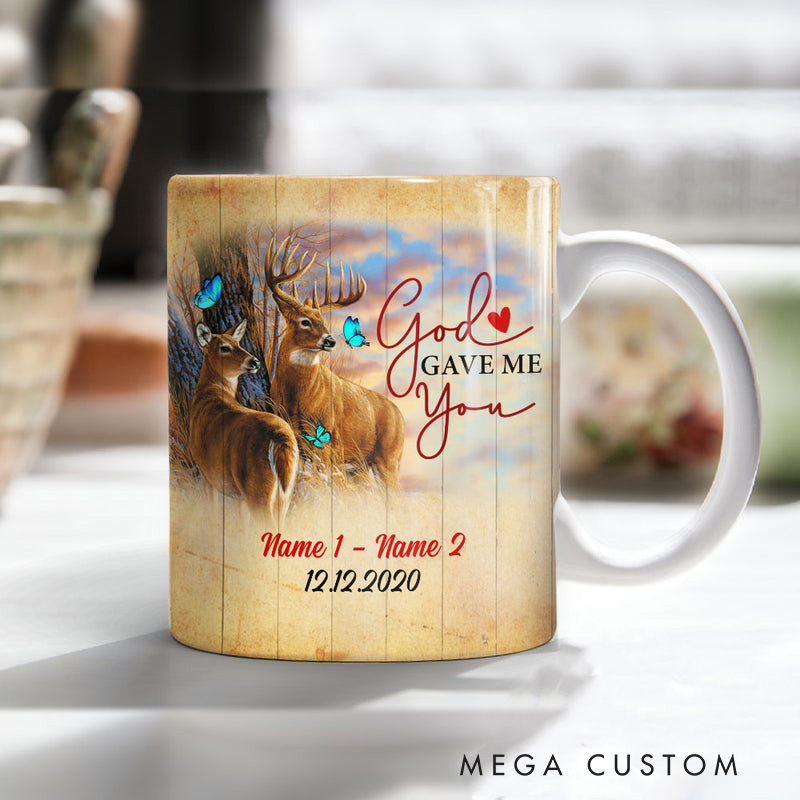 Personalized Deer Couple God Gave Me You Ceramic Mug with Names and Date Christian Coffee Mug Religious Gift Christian Gift for Couple