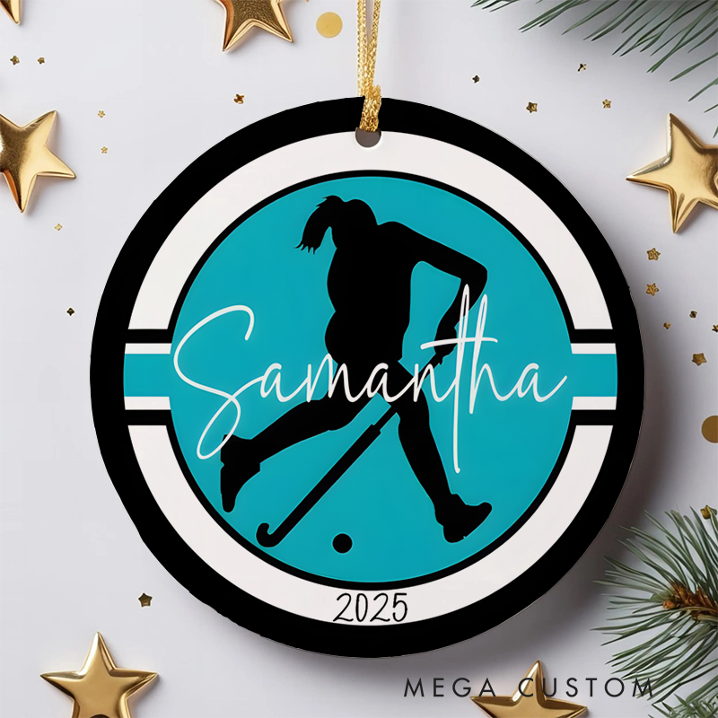 Personalized Field Hockey Christmas Ornament with Custom Name and Year Design