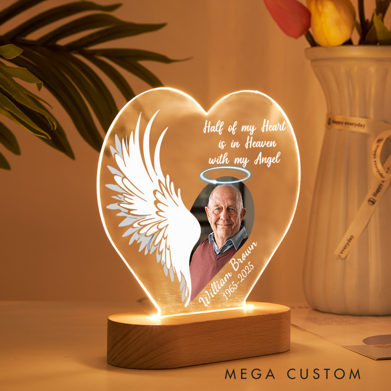 Personalized Heart Shaped LED Memorial Light Custom Photo Name Year Angel Wing Halo Half Of My Heart Keepsake