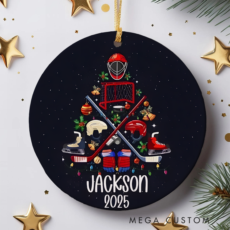 Personalized Hockey Christmas Ornament with Custom Name and Year Featuring Festive Tree Design