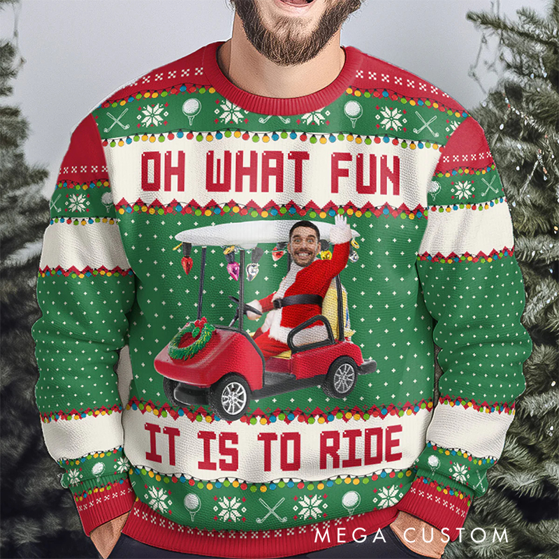 Personalized Christmas Ugly Sweater with Custom Face and Golf Cart Design 