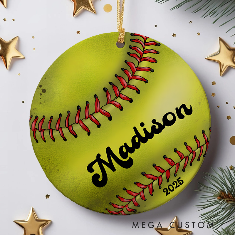 Personalized Softball Christmas Ornament with Custom Name and Year Design