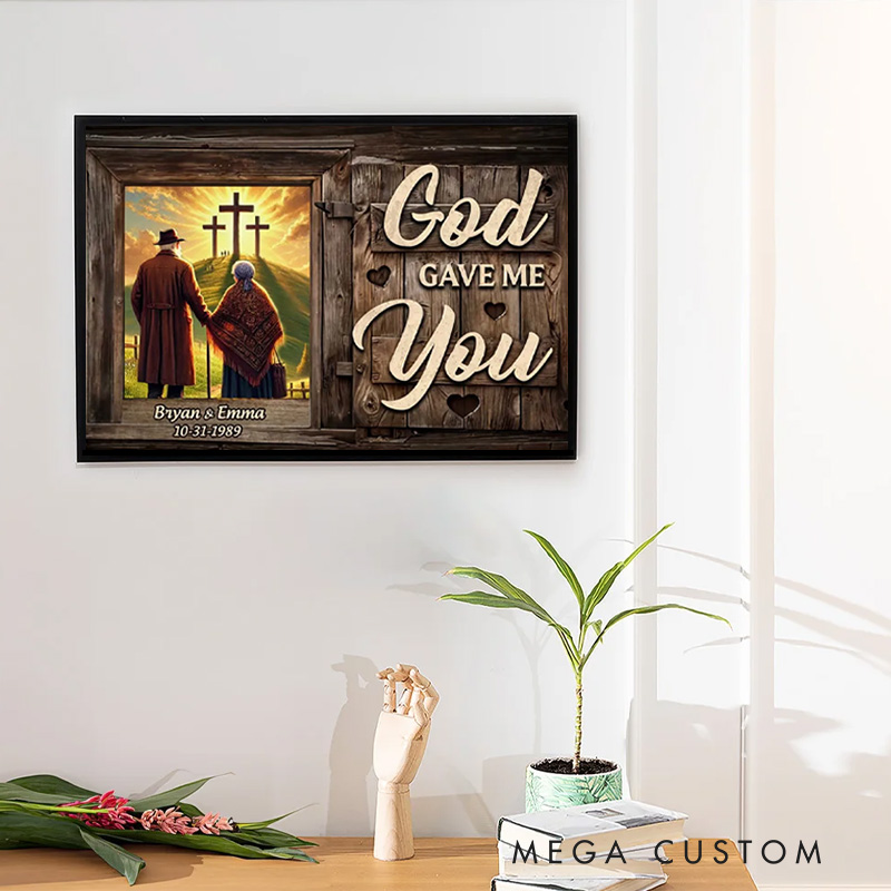 Personalized Cross God Knew My Heart Needed You Old Couple Walking Framed Canvas Painting with Name and Date Wall Decor Anniversary Gift For Couple
