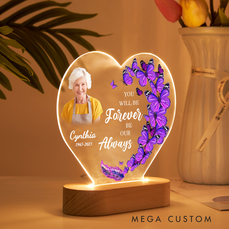 Personalized Heart Shaped LED Memorial Light Custom Photo Name Year Purple Butterflies Feather Memorial Keepsake