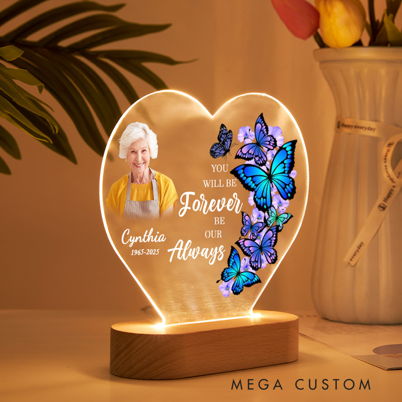 Personalized Heart Shaped LED Memorial Light Custom Photo Name Year Colorful Butterflies You Will Be Forever Our Always Keepsake