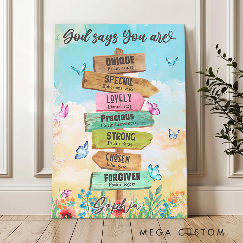 Personalized God Says You Are Location Sign Frameless Canvas Painting with Name Wall Decor Religious Gift Christian Gift