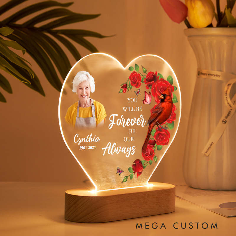 Personalized Heart Shaped LED Memorial Light Custom Photo Name Year Cardinal Roses You Will Be Forever Our Always Keepsake