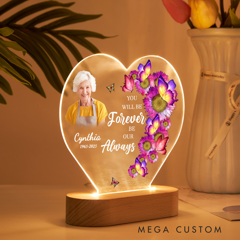 Personalized Heart Shaped LED Memorial Light Floral Butterflies Design Custom Photo Name Year Keepsake