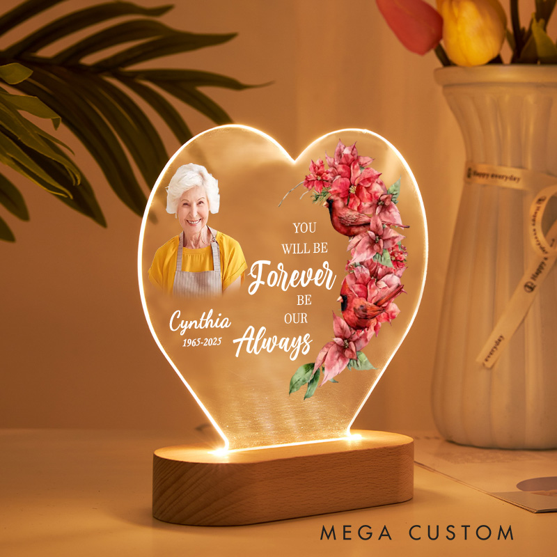 Personalized Heart Shaped LED Memorial Light Custom Photo Name Year Cardinal Poinsettia You Will Be Forever Our Always Keepsake