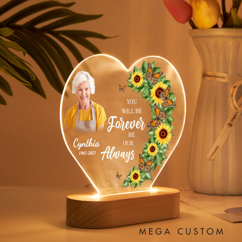 Personalized Heart Shaped LED Memorial Light Sunflowers Butterflies Design Custom Photo Name Year Keepsake