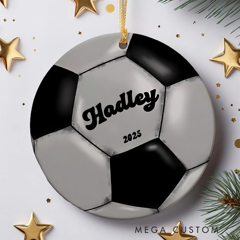 Personalized Soccer Christmas Ornament with Custom Name and Year Design