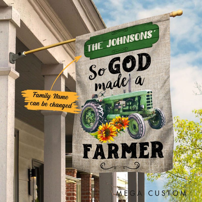 Personalized Farm God Blessing Green Tractor Garden Flag with Family Name Yard Porch Decor Religious Gift for Family Christian