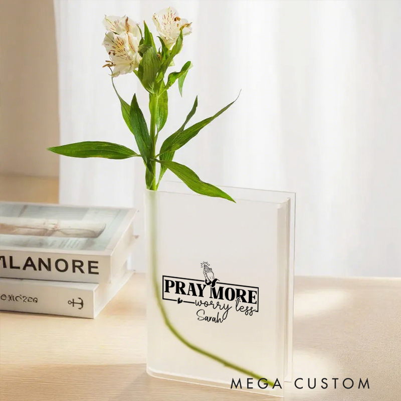 Personalized Pray More Worry Less Bookend Vase with Name Aesthetic Room Decor Baptism Birthday Gift for Christians