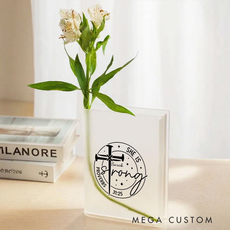 Personalized She Is Strong Proverbs 31:25 Bookend Vase with Name Aesthetic Room Decor Baptism Birthday Gift for Christians