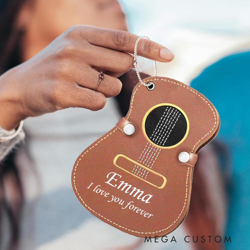 Personalized Guitar Pick Holder Custom Name & Initial PU Leather Case Keychain Gift for Guitar Players