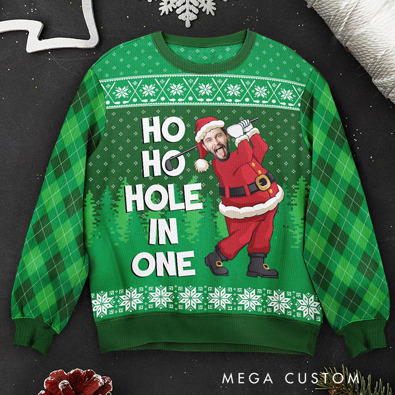Personalized "Ho Ho Hole In One" Golf Ugly Sweater Custom Photo 