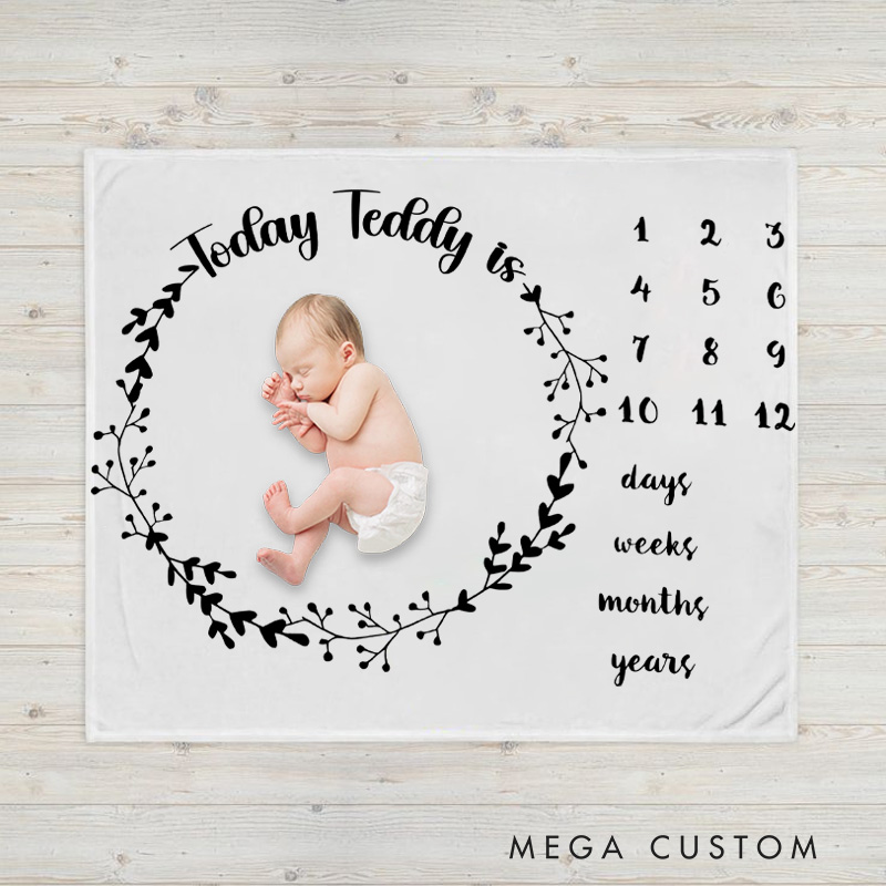 Personalized Floral Wreath Milestone Tracker Minimalist Elegant Growth Progress Keepsake Baby Blanket