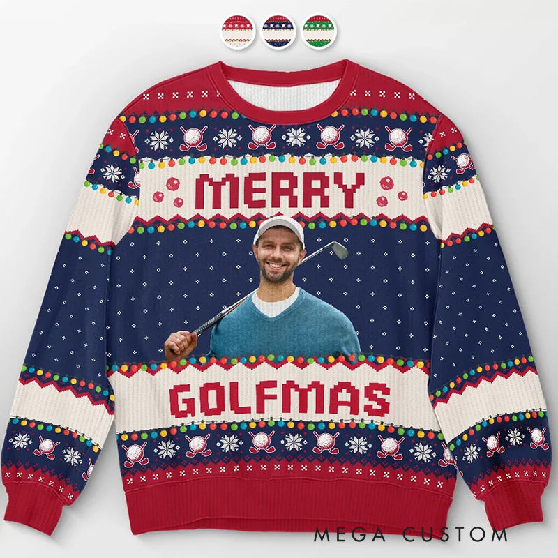 Personalized "Merry Golfmas" Ugly Christmas Sweater with Custom Face