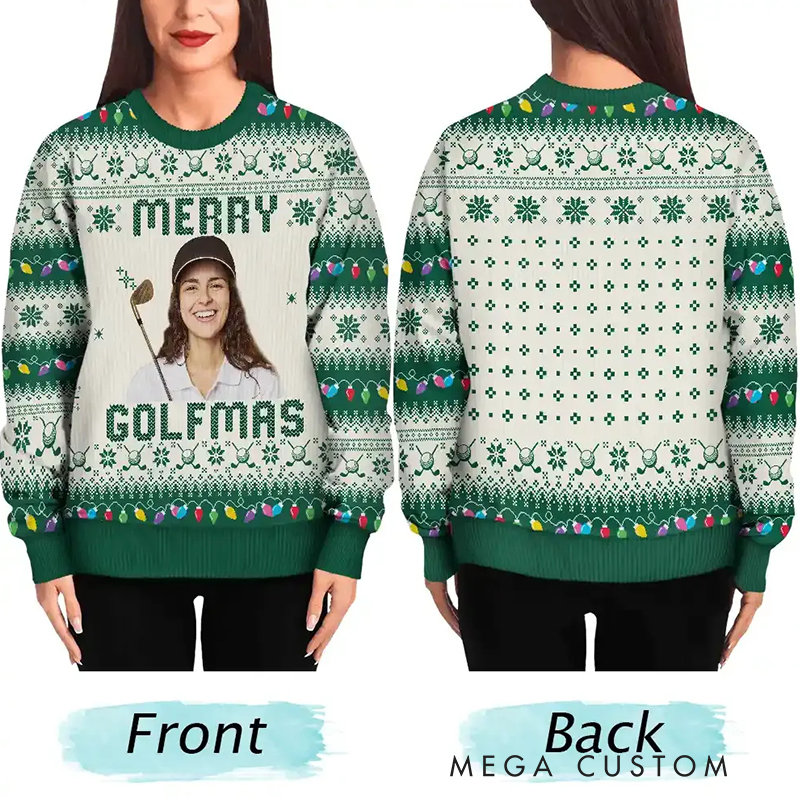 Personalized Festive "Merry Golfmas" Ugly Sweater with Customizable Image  