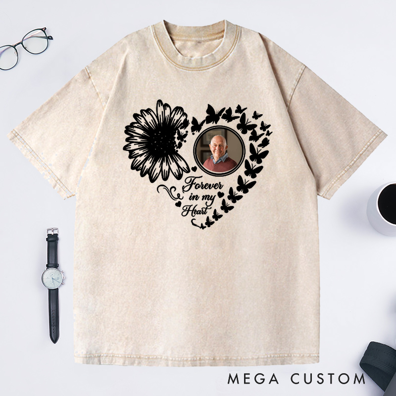 Personalized Photo Washed T-Shirt Forever in My Heart Memorial T-Shirt For Loss of Grandfather or Loved One Condolence Gift
