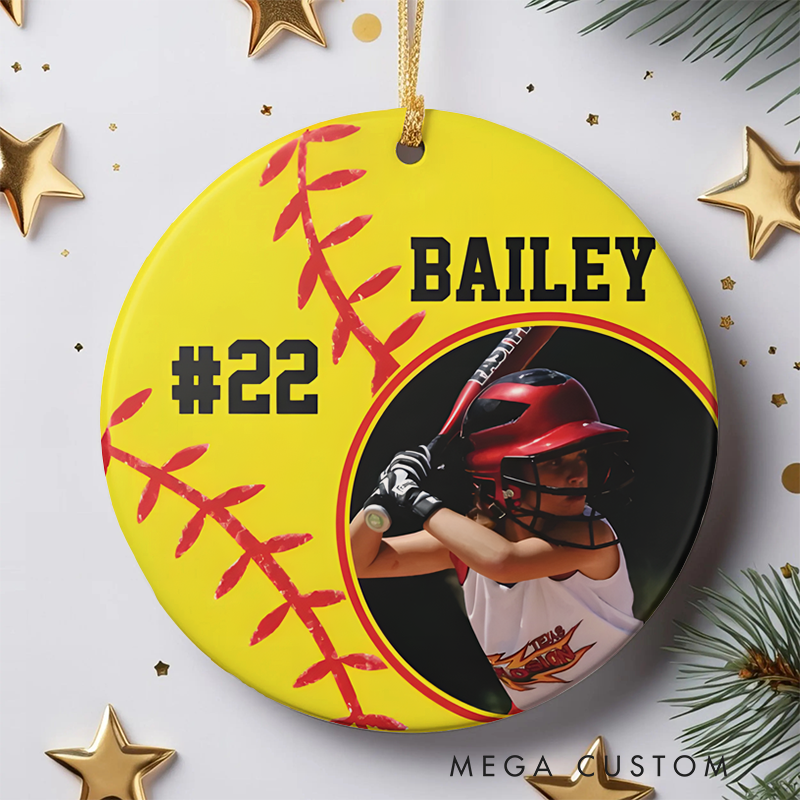Personalized Softball Ornament with Custom Name, Number, and Photo