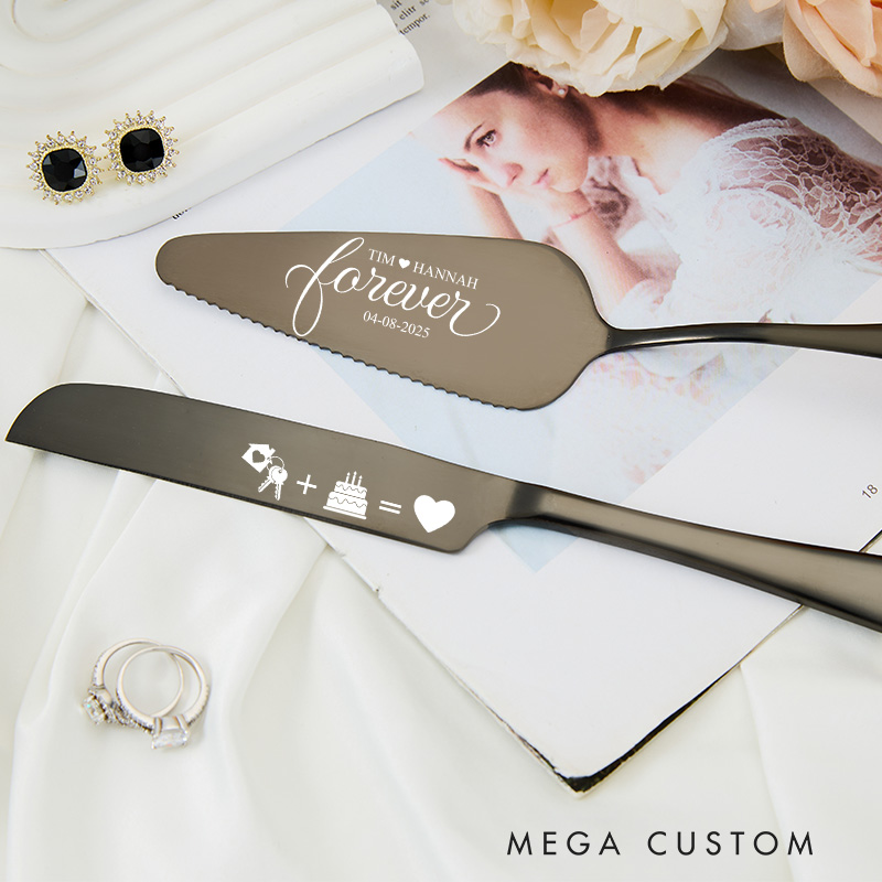 Personalized Cake Knife and Server Set Forever Love Custom Housewarming Gift New Home Dining Accessories Unique Design with Symbols for Couples