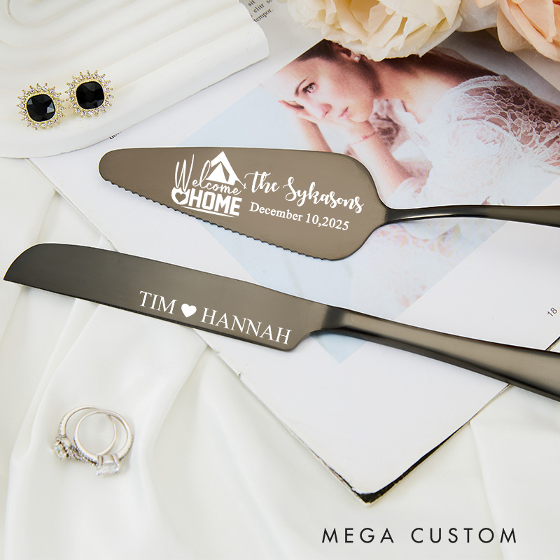 Personalized Cake Knife and Server Set Welcome Home Design Custom Housewarming Gift New Home Dining Accessories with Heart and Housewarming Theme