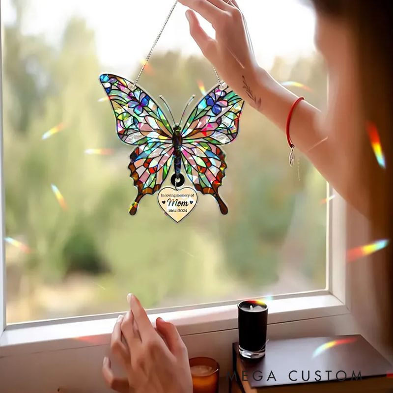 Personalized Butterfly Holographic Acrylic Suncatcher with Hanging Heart Memorial Gift for Loss of Mother in Loving Memory Window Decor