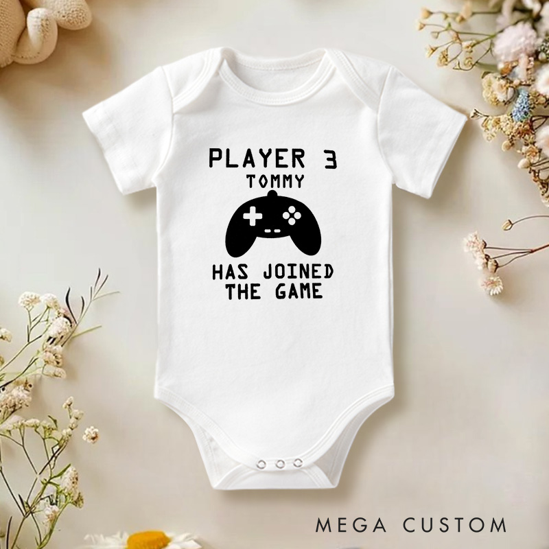 Personalized Player 3 Has Joined the Game Fun Gaming for Growing Families Baby Onesie