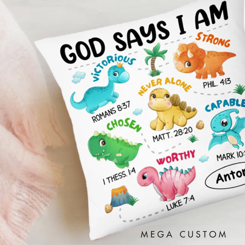 Personalized Dinosaur God Says I am Bible Verse Throw Pillow Cover with Name Home Decor Affirmation Gift Christian Gift for Kids