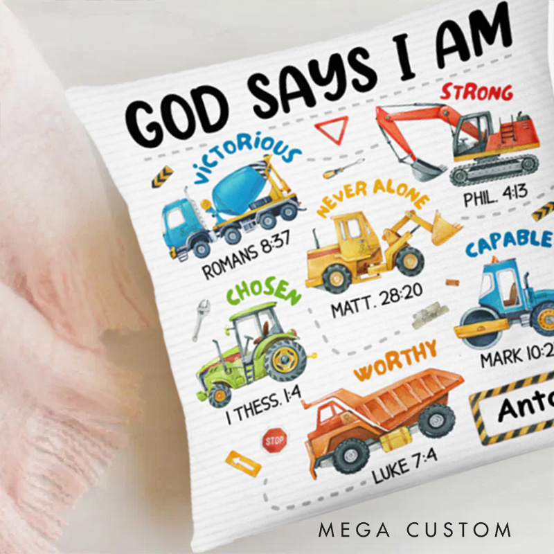 Personalized Construction Machines God Says I am Bible Verse Throw Pillow Cover with Name Home Decor Affirmation Gift Christian Gift for Kids
