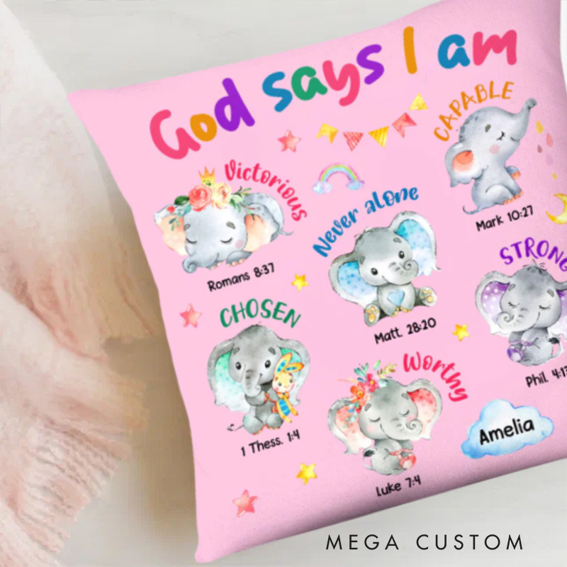 Personalized Elephant God Says I am Bible Verse Throw Pillow Cover with Name Home Decor Affirmation Gift Christian Gift for Kids