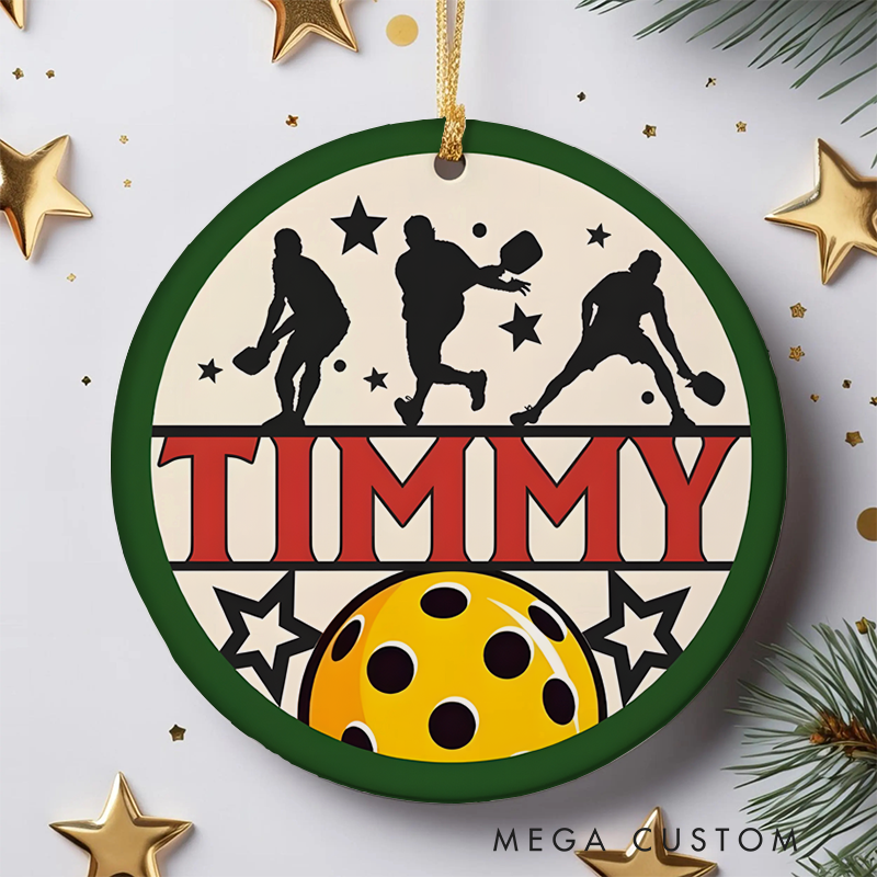 Personalized Pickleball Ornament with Player Silhouettes and Custom Name