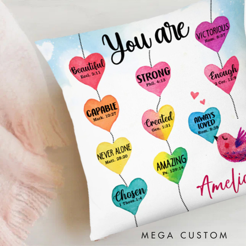 Personalized Heart You are Bible Verse Throw Pillow Cover with Name Home Decor Affirmation Gift Christian Gift for Kids